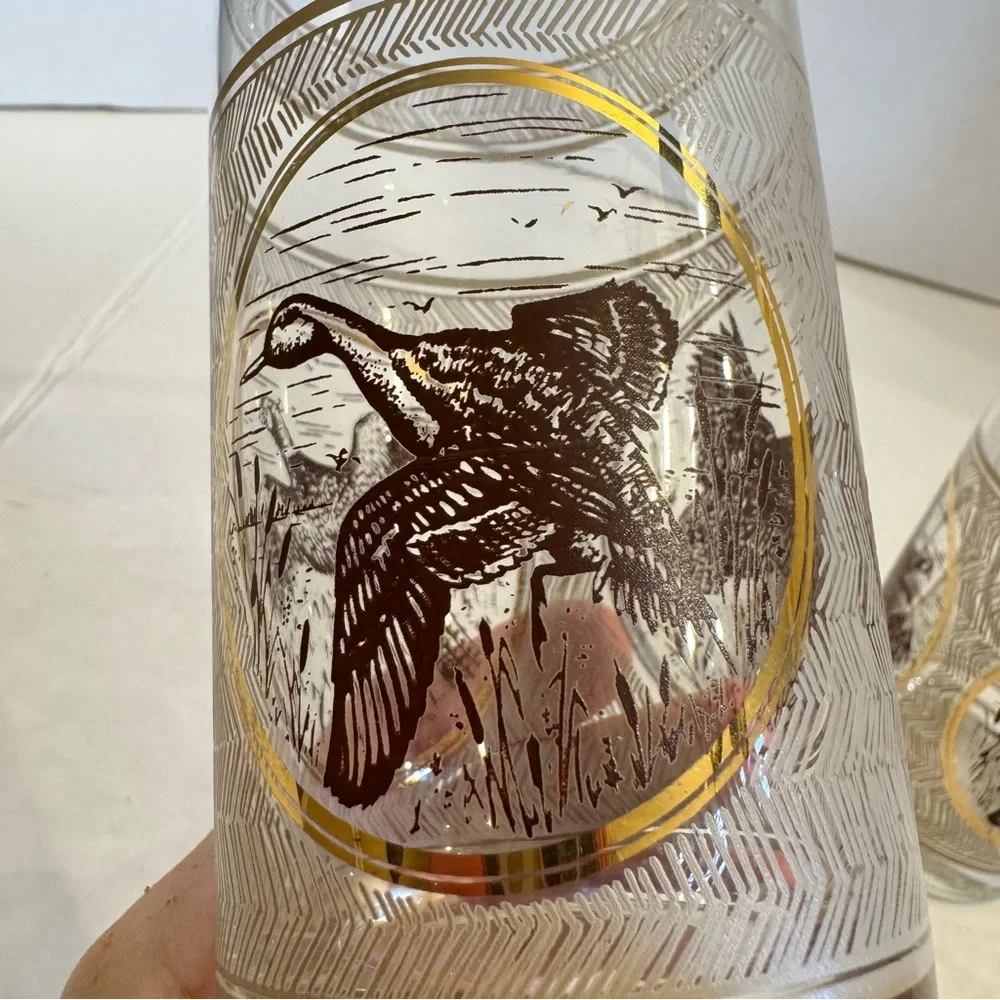 3 VTG 1970s MCM Libbey Highball Pheasant Glasses Game birds Brown Gold